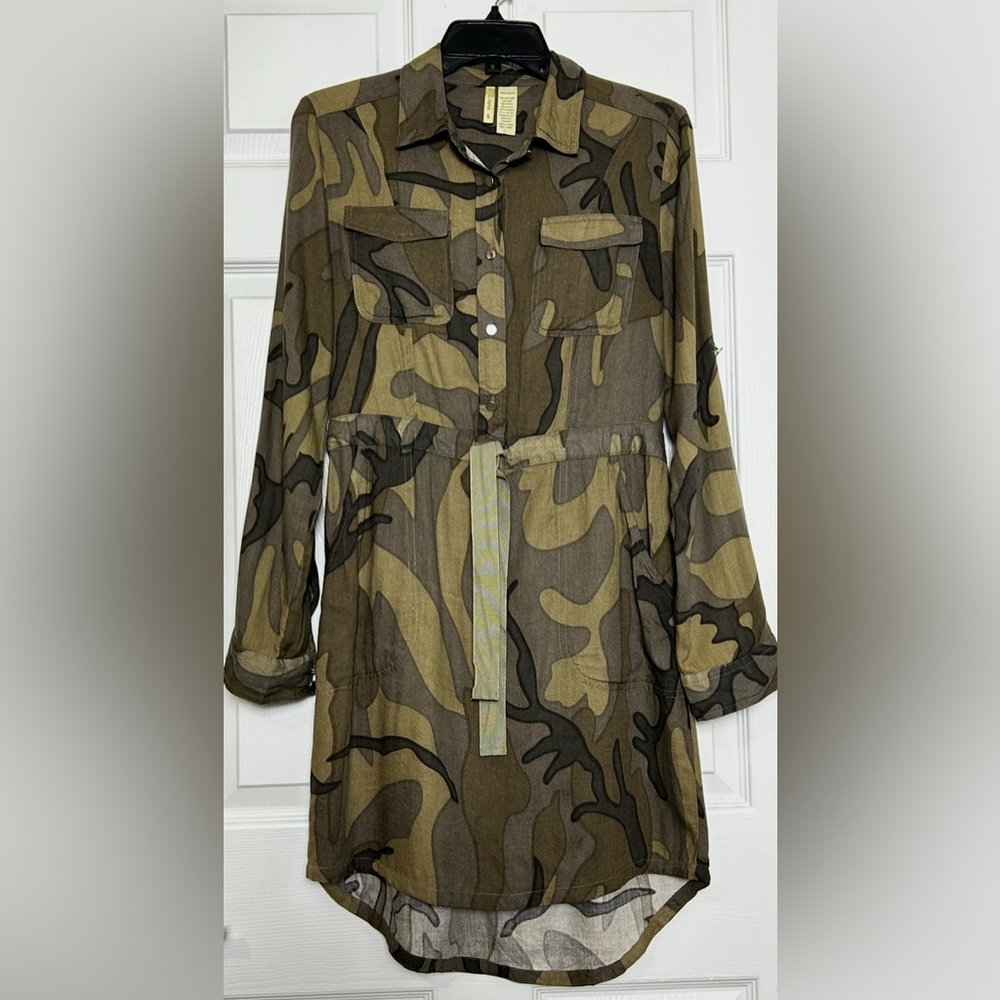 Japna Women’s Small Camo Shirt Dress Long Sleeve Button Front Tie Waist - Picture 2 of 14